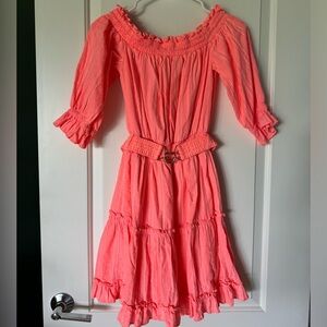 Lilly Pulitzer Louisa off the shoulder dress in Papaya Punch w/ metallic stripe